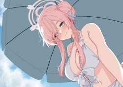 1girl absurdres bikini blue_archive blue_sky blush breasts cleavage closed_mouth cloud cloudy_sky commentary_request day from_below hair_bun halo highres long_hair looking_at_viewer mimori_(blue_archive) mimori_(swimsuit)_(blue_archive) navel official_alternate_costume pink_hair pink_halo rynn_(darknescorez) single_side_bun sky smile solo stomach swimsuit under_umbrella white_bikini
