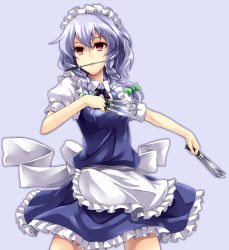 1girl asu_hare bad_id bad_pixiv_id between_fingers braid embodiment_of_scarlet_devil female_focus highres holding izayoi_sakuya knife maid maid_headdress mouth_hold red_eyes silver_hair simple_background solo throwing_knife touhou twin_braids weapon