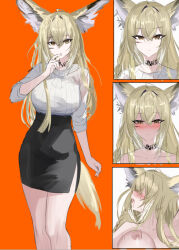 1girl ahoge animal_ears arknights black_skirt blonde_hair blush breasts chinese_commentary closed_mouth commentary_request facial_scar finger_to_mouth hair_between_eyes high-waist_skirt implied_sex large_breasts long_hair looking_at_viewer mikuning multiple_views nipples orange_background parted_lips pencil_skirt profile ribbed_shirt scar scar_on_cheek scar_on_face shirt side_slit simple_background sketch skirt sleeves_pushed_up standing tail tongue tongue_out vulpisfoglia_(arknights) white_shirt yellow_eyes