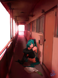 1girl absurdres ant aqua_eyes aqua_hair bag balcony boots bug detached_sleeves door empty_eyes grin hallway hatsune_miku highres hylran0427 insect long_hair looking_at_viewer panties panty_peek plastic_bag sitting smile solo spring_onion thigh_boots thighhighs twintails underwear very_long_hair vocaloid