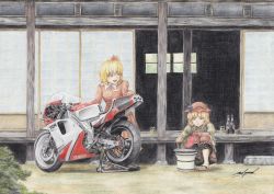 2girls aki_minoriko aki_shizuha alcohol apron architecture beer beer_bottle blonde_hair bush colored_pencil_(medium) cooking cup day dress drinking_glass east_asian_architecture fish food fruit grapes grill grilling hair_ornament hand_fan hand_on_own_knee hat layered_dress leaf_hair_ornament looking_at_another looking_down mob_cap motor_vehicle motorcycle multiple_girls open_mouth outdoors paper_fan plate red_pond sandals saury shichirin short_hair siblings signature sisters slice_of_life sliding_doors smile soy_sauce squatting standing touhou traditional_media uchiwa veranda yamaha yellow_eyes