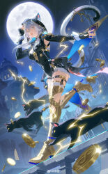 1girl absurdres animal_ear_fluff animal_hood belt black_cat black_gloves blue_eyes boots cat cat_girl cat_hood cat_tail cipher_(honkai:_star_rail) fingerless_gloves full_body full_moon gloves gold_boots grey_hair high_heels highres honkai:_star_rail honkai_(series) hood looking_at_viewer moon night night_sky outdoors sky smile solo tail thigh_belt thigh_strap zhongjin