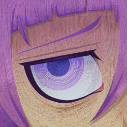 Rule 34 | 1other, canvas texture, close-up, commentary, crona (soul eater), cryptidhermit, english commentary, eye focus, eyelashes, faux traditional media, hair between eyes, highres, looking at viewer, other focus, purple eyes, purple hair, ringed eyes, solo, soul eater