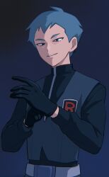 1boy adjusting_clothes adjusting_gloves archer_(pokemon) belt belt_buckle black_gloves blue_eyes blue_hair buckle colorized commentary_request gloves grey_vest highres logo looking_down male_focus nakikot_t nintendo nuno_(huroooo) pokemon pokemon_lgpe shirt short_hair smile solo team_rocket team_rocket_uniform teeth upper_body vest