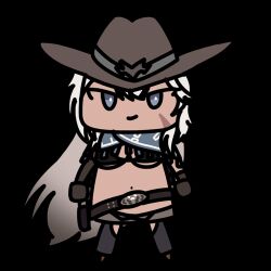 1girl aiming aiming_at_viewer animated animated_gif azur_lane bandana bikini bikini_top_only bird black_bikini black_pants blue_bandana blue_eyes breasts brown_gloves brown_hat brown_shorts chibi chibi_only chick cowboy_hat cowboy_western cowgirl_(western) facial_scar firing floating_hair gloves grey_hair gun hat indiana_(azur_lane) indiana_(high_noon_arrest)_(azur_lane) long_hair lowres manjuu_(azur_lane) navel one_eye_closed open_mouth pants scar scar_on_cheek scar_on_face seseren shorts simple_background smoke smoking_barrel solo standing swimsuit transparent_background underboob weapon