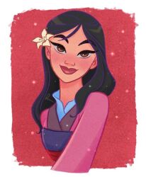 Rule 34 | 1girl, artist request, asian, black hair, brown eyes, chinese clothes, commentary request, dress, fa mulan (disney), hanfu, long hair, looking at viewer, makeup, mulan (movie), non-web source, pink hanfu, simple background, smile, solo, source request