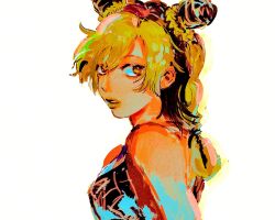 Rule 34 | 1girl, bare shoulders, black hair, blonde hair, braid, braided ponytail, commentary, cone hair bun, double bun, english commentary, green lips, hair bun, highres, jojo no kimyou na bouken, kuujou jolyne, looking at viewer, makeup, motunikomi, multicolored hair, sleeveless, solo, stone ocean, two-tone hair, upper body, white background