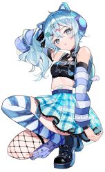 Rule 34 | 1girl, animal ears, animal print, arm warmers, asymmetrical legwear, bag, belt, black boots, black choker, blue eyes, blue hair, blue skirt, boots, breasts, cat print, choker, crop top, cropped shirt, facepaint, fake animal ears, fishnet thighhighs, fishnets, flower hairband, hair between eyes, hair flip, hair ornament, hairclip, headphones, heart, heart o-ring, highres, horizontal-striped thighhighs, knee up, large breasts, long hair, long sleeves, medium breasts, midriff, miniskirt, nijisanji, o-ring, parted lips, plaid clothes, plaid skirt, pleated skirt, shirt, side ponytail, skirt, sleeveless, sleeveless shirt, socks, solo, striped arm warmers, striped clothes, striped thighhighs, thigh strap, thighhighs, thighs, twitter username, utakapen, virtual youtuber, wings, x hair ornament, yukishiro mahiro, zettai ryouiki