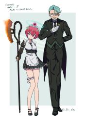 1boy 1girl amate_yuzuriha apron aqua_eyes axe battle_axe beard black_dress black_pants black_suit breasts butler challia_bull closed_mouth collared_shirt dress facial_hair formal_clothes frilled_apron frills gloves green_eyes green_hair gundam gundam_gquuuuuux hasu_175 highres holding holding_axe holding_weapon jacket long_sleeves looking_at_viewer maid maid_apron maid_headdress mustache necktie pant_suit pants red_hair shirt short_hair suit tuxedo tuxedo_shirt weapon