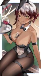1girl absurdres alcohol animal_ear_hairband animal_ears arm_strap banknote bare_shoulders between_breasts black_bow black_bowtie black_leotard black_shoes bottle bow bowtie breasts brown_hair cleavage closed_mouth collar cup detached_collar drinking_glass earrings fake_animal_ears hairband high_heels highres holding holding_tray indie_virtual_youtuber jewelry leotard lip_piercing money multicolored_hair piercing rabbit_ear_hairband rabbit_ears red_wine savii_(vtuber) second-party_source shoes short_hair smile solo strapless strapless_leotard tanaka_(vgnu3845) thigh_strap tray two-tone_hair virtual_youtuber white_collar white_hair wine wine_bottle wine_glass yellow_eyes
