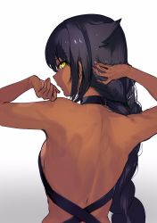 1girl absurdres arms_up back back_focus backboob black_hair braid breasts dark-skinned_female dark_skin expressionless female_focus from_behind gradient_background hair_flaps hair_over_shoulder halterneck highres jahy jahy-sama_wa_kujikenai! konbu_wakame long_hair looking_at_viewer looking_back medium_breasts parted_lips profile simple_background slit_pupils solo sweat yellow_eye