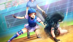 3girls baseball baseball_glove baseball_helmet baseball_stadium baseball_uniform belt belt_pouch bike_shorts_under_skirt black_belt black_footwear black_gloves black_pouch black_shirt black_shorts black_skirt black_undershirt blue_shirt blurry catcher&#039;s_mask catcher_(baseball) chest_protector cinderella_series depth_of_field dust_cloud dutch_angle film_grain fingerless_gloves game_cg gloves green_hair grey_pants hachigatsu_no_cinderella_nine helmet highres lens_flare light_particles light_rays long_hair multiple_girls non-web_source official_art on_one_knee open_mouth outdoors pants playing_sports pleated_skirt pouch red_eyes red_hair red_shorts satogahama_baseball_uniform senba_ayako shin_guards shirt shirt_under_shirt short_hair short_sleeves shorts skirt sliding solo_focus sportswear standing sunbeam sunlight teeth umpire upper_teeth_only v-shaped_eyebrows wristband