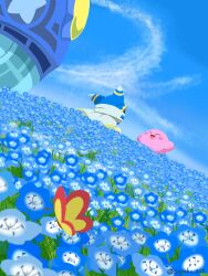 animal_ears belt blue_belt blue_flower blue_hood blue_sky blush_stickers bug butterfly cape closed_eyes cloud colored_skin day disembodied_hand dutch_angle field flower flower_field gear_print gloves insect kirby kirby_(series) looking_at_another lor_starcutter magolor nemophila_(flower) nintendo no_humans open_mouth outdoors pink_skin rayman_limbs scarf ship sky smile soyoko spacecraft star_(symbol) star_print twitter_username watercraft white_cape white_scarf yellow_gloves yellow_trim