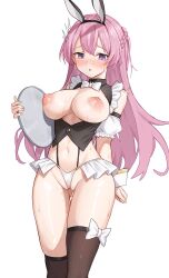 1girl :o animal_ear_hairband animal_ears arm_at_side armband black_hairband black_jacket black_thighhighs blush bow bow_legwear bowtie braid breasts breasts_out collared_jacket commentary_request cropped_jacket double-parted_bangs fake_animal_ears faldeus fingernails frilled_jacket frilled_panties frills hair_between_eyes hairband half_up_braid hand_up highres holding holding_tray jacket large_breasts long_bangs long_hair looking_at_self midriff navel nipples no_pants nose_blush open_clothes open_jacket original panties pink_hair purple_eyes pussy_juice rabbit_ear_hairband rabbit_ears raised_inner_eyebrows saliva saliva_trail simple_background sleeveless sleeveless_jacket slit_pupils solo standing string_panties sweat thigh_gap thighhighs tray underwear very_long_hair very_sweaty wet wet_clothes wet_panties white_armband white_background white_bow white_bowtie white_panties wing_collar wrist_cuffs