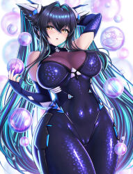 Rule 34 | 1girl, black bodysuit, black hair, black nails, bodysuit, breasts, bubble, cameltoe, cleavage, commentary, covered erect nipples, covered navel, english commentary, goddess of victory: nikke, green hair, hair intakes, highres, large breasts, little mermaid (nikke), long hair, looking at viewer, paid reward available, parted lips, patreon username, see-through cleavage, see-through clothes, sevie, shiny clothes, skin tight, solo, twintails, twitter username, very long hair, yellow eyes