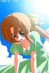 Rule 34 | 1girl, absurdres, blush, bra, bra slip, breasts, brown hair, cleavage, collarbone, dress, hata kenjirou, hayate no gotoku!, highres, in water, large breasts, leaning forward, long hair, low ponytail, maria (hayate no gotoku!), ocean, official art, outdoors, ponytail, red eyes, skirt, sky, smile, solo, standing, sundress, underwear