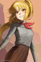1girl ahoge alternate_costume artist_name blonde_hair blush bocchi_the_rock! bow bowtie breasts brown_skirt commentary cowboy_shot film_grain grey_sweater grin hands_out_of_frame highres ijichi_nijika long_hair long_sleeves looking_at_viewer noraesei orange_eyes pleated_skirt polka_dot_bowtie ponytail_with_braided_base red_bow red_bowtie ribbed_sweater side_ponytail sidelocks skirt small_breasts smile solo sweater sweater_tucked_in turtleneck turtleneck_sweater wispy_bangs