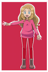1girl alternate_costume ankle_boots arm_at_side artist_name blonde_hair blue_eyes boots breasts child eyelashes facing_viewer fankifalu female_focus full_body hair_down happy highres long_hair long_sleeves looking_at_viewer neck no_headwear open_mouth outstretched_arm pants parted_bangs pokemon pokemon_xy red_background serena_(pokemon) sidelocks simple_background small_breasts standing sweater wavy_hair winter_clothes