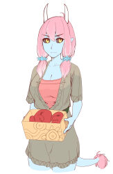 1girl black_sclera blue_scrunchie blue_skin box breasts burunpuku collarbone colored_sclera colored_skin cowboy_shot dress green_dress highres holding holding_box horns low_twintails medium_breasts original pink_hair red_shirt scrunchie shirt tail twintails yellow_eyes