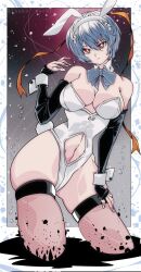 Rule 34 | 1girl, animal ears, ayanami rei, blue hair, bow, breasts, cleavage, closed mouth, clothing cutout, detached collar, detached sleeves, fake animal ears, fake tail, fishnet thighhighs, fishnets, hair ornament, hand on own thigh, highres, interface headset (evangelion), kinakomochi (user vedc2333), large breasts, leaning to the side, leotard, looking at viewer, navel, navel cutout, neon genesis evangelion, playboy bunny, rabbit ears, rabbit hair ornament, rabbit tail, red eyes, short hair, skindentation, solo, tail, thighhighs, white leotard, wide hips, wrist cuffs