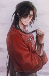 Rule 34 | 1boy, absurdres, belt, bishounen, black hair, black nails, blurry, blurry background, bracer, braid, butterfly necklace, chinese clothes, closed mouth, commentary, earrings, english commentary, eyepatch, hair over one eye, hand up, hanfu, highres, holding, holding own hair, hua cheng, jewelry, korean commentary, long hair, long sleeves, looking at viewer, male focus, mandarin collar, mixed-language commentary, nail polish, necklace, one eye covered, red eyes, red hanfu, side braid, silver necklace, single braid, smile, solo, tianguan cifu, upper body, very long hair, young57440489, yuanlingpao