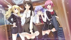 10s 1boy 3girls :d arimura_hinae black_dress black_hair black_legwear blonde_hair blue_eyes blue_hair blush bow bowtie chaos;child chaos;child_love_chu_chu!! collarbone crossdressing dress game_cg glasses hair_between_eyes hair_ribbon hairband hands_on_own_hips headphones headphones_around_neck highres holding indoors kazuki_hana long_hair multiple_girls neckerchief necktie official_art onoe_serika open_mouth pink_hair red_bow red_bowtie red_eyes red_necktie ribbon sasaki_mutsumi school_uniform short_dress short_hair_with_long_locks short_necktie sidelocks smile sparkle sparkling_eyes standing tachibana_yuuto thighhighs trap twintails white_hairband white_legwear white_neckerchief white_ribbon zettai_ryouiki