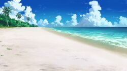 beach blue_sky cloud cloudy_sky day footprints forest grass highres nature no_humans non-web_source official_art our_life:_beginnings_and_always palm_tree sand scenery sky tree water