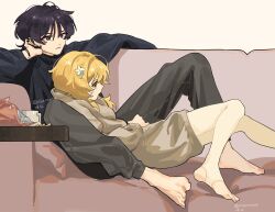 1boy 1girl alternate_costume bag_of_chips barefoot between_legs black_hair black_sleeves black_sweater blonde_hair blue_flower blunt_ends bracelet bright_pupils brown_sweater casual closed_mouth contemporary couch cup ear_piercing eyelashes flower genshin_impact grey_pants hair_flower hair_ornament highres jewelry long_sleeves looking_to_the_side lumine_(genshin_impact) lying lying_on_person miemiebei mug multicolored_flower on_back on_couch pants piercing purple_eyes scaramouche_(genshin_impact) short_hair short_hair_with_long_locks sidelocks stirrup_legwear sweater tareme thighhighs toeless_legwear toes tsurime twitter_username white_flower white_pupils white_thighhighs yellow_eyes