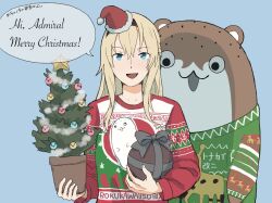 1girl 1other :3 alternate_costume ball black_hairband blonde_hair blue_background bokukawauso braid christmas_tree english_text flower_pot hair_between_eyes hairband half_up_braid hat holding holding_ball holding_flower_pot kantai_collection kirin_kai-ii long_hair original otter red_sweater same_(shark_ishi) santa_hat simple_background sweater warspite_(kancolle)