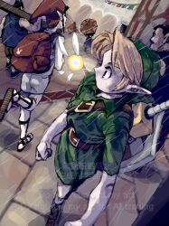 1girl 4boys absurdres anju_(zelda) banner belt blonde_hair boots brown_hair carpenter_(zelda) fairy full_body gus_uur hat highres link looking_at_another looking_back mailbox multiple_boys nintendo outdoors pointy_ears postman_(zelda) rain running scabbard sheath shield shield_on_back tatl the_legend_of_zelda the_legend_of_zelda:_majora&#039;s_mask tunic umbrella