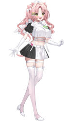 1girl :d animal_ears belt black_skirt blush bow buttons cat_ears cat_girl clenched_hand commentary_request cone_hair_bun crop_top crop_top_overhang double-breasted double_bun elbow_gloves forehead full_body gloves green_eyes haiba_09 hair_bow hair_bun hair_intakes hair_ornament hairclip happy hat heart_belt highres long_hair looking_at_viewer midriff miniskirt nurse nurse_cap open_mouth original paid_reward_available parallel_hairclips parted_bangs pink_hair puffy_short_sleeves puffy_sleeves short_sleeves simple_background skindentation skirt sleeve_bow smile solo standing thigh_strap thighhighs two-tone_skirt wavy_hair white_background white_belt white_bow white_gloves white_skirt white_thighhighs zettai_ryouiki