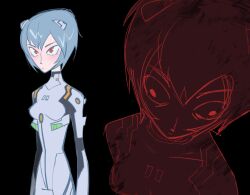 Rule 34 | 1girl, ayanami rei, black background, blue hair, bodysuit, commentary, english commentary, highres, interface headset (evangelion), mayuko watson, mecha pilot suit, multiple views, neon genesis evangelion, plugsuit (evangelion), red eyes, short hair, white bodysuit