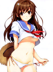 Rule 34 | 1girl, absurdres, breasts, brown eyes, brown hair, crop top, female focus, flower, hair flower, hair ornament, hat, highres, hip focus, holding, holding unworn clothes, holding unworn hat, long hair, lowleg, luna (reclaimed land), midriff, navel, neckerchief, no bra, original, panties, scan, school uniform, serafuku, side-tie panties, smile, solo, standing, straw hat, string panties, underboob, underwear, undressing, untying, unworn hat, unworn headwear, white panties