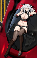 1girl absurdres arms_up azur_lane belly black_shorts black_thighhighs breasts grey_hair hair_ribbon highres jewelry joffre_(azur_lane) joffre_(blessings&#039;_first_flight)_(azur_lane) large_breasts leather_shorts leather_vest lying micro_shorts on_back purple_eyes race_queen ribbon ring shorts solo thighhighs twintails vehicle_request wedding_ring wsfw