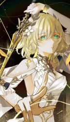 1girl aglaea_(honkai:_star_rail) ancient_greek_clothes artist_name blonde_hair breast_tattoo breasts cleavage commentary_request dress gold_tattoo greco-roman_clothes green_eyes highres holding holding_sword holding_weapon honkai:_star_rail honkai_(series) large_breasts laurel_crown parted_lips short_hair solo sword tattoo thread weapon white_dress yellow_nails yukinoarale_re