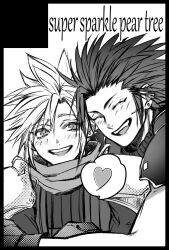 2boys armor closed_eyes cloud_strife crisis_core_final_fantasy_vii cross_scar earrings facial_scar final_fantasy final_fantasy_vii gloves hair_between_eyes hug hug_from_behind jewelry light_blush male_focus medium_hair multiple_boys open_mouth pauldrons scar scar_on_cheek scar_on_face scarf shinogu_r shinra_infantry_uniform short_hair shoulder_armor sideburns single_earring smile spiked_hair upper_body yaoi zack_fair