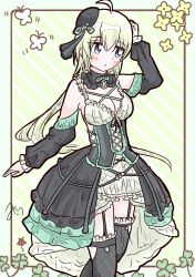 Rule 34 | 1girl, absurdres, ahoge, amano soraha, aqua border, aqua bow, aqua bowtie, arm up, artist name, assault lily, black collar, black dress, black hat, black ribbon, black thighhighs, blonde hair, blue eyes, blush, border, bow, bowtie, breasts, bug, cleavage, clothing cutout, clover, collar, commentary, cowboy shot, cross-laced clothes, cross-laced cutout, detached sleeves, dress, flower, four-leaf clover, frilled collar, frilled sleeves, frilled thigh strap, frills, garter straps, hair between eyes, hand on own head, hat, hat bow, hat ribbon, high-low dress, highres, insect, ladybug, layered dress, long hair, long sleeves, looking ahead, low ponytail, medium breasts, mini hat, misau, motion lines, official alternate costume, outside border, parted lips, ponytail, ribbon, rounded corners, sleeveless, sleeveless dress, solo, standing, stomach cutout, striped background, thigh strap, thighhighs, tilted headwear, two-tone dress, very long hair, white dress, yellow background, yellow flower