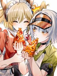 2girls ^^^ anby_demara black_choker blonde_hair braid burnice_white choker closed_eyes collared_shirt eating food grabbing_another&#039;s_arm green_shirt grey_hair highres holding holding_food holding_pizza multiple_girls official_alternate_costume om_rm1101 orange_eyes orange_shirt pizza shirt short_sleeves side_braid signature twintails twitter_username upper_body visor_cap zenless_zone_zero