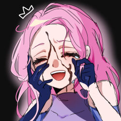 1girl alien_stage asymmetrical_gloves black_background black_blood black_gloves blood blood_on_face chinese_commentary closed_eyes commentary drawn_crown gloves hand_on_own_face highres hu_ya long_hair mizi_(alien_stage) open_mouth pink_hair portrait smile solo tears uneven_gloves wiping_tears