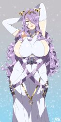 1girl absurdres arms_behind_head blue_background breasts camilla_(adrift)_(fire_emblem) camilla_(fire_emblem) closed_mouth curvy dress elbow_gloves fire_emblem fire_emblem_fates fire_emblem_heroes gloves grey_background hair_over_one_eye highres horns huge_breasts lips lipstick long_hair looking_at_viewer makeup mature_female nintendo pink_lips plump purple_eyes purple_hair r3dfive sideboob smile solo sparkle standing very_long_hair wide_hips