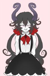 1girl arms_behind_back black_hair black_skirt black_suspenders blush bow bowtie closed_eyes closed_mouth collared_shirt colored_skin demon_girl demon_horns frilled_skirt frills funamusea gallaxi genderswap genderswap_(mtf) hair_between_eyes hair_bow happy horns long_hair low_twintails pink_background pointy_ears red_bow red_bowtie satanick_(funamusea) shirt sidelocks simple_background sketch skirt smile solo suspender_skirt suspenders teeth twintails upper_body very_long_hair white_shirt white_skin