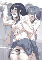 2girls absurdres ayanakitori bad_source bar_censor blush breasts censored chikan closed_eyes clothes_lift cum dress_shirt ejaculation futa_with_female futanari grabbing_another&#039;s_breast grinding groping highres long_hair molestation multiple_girls navel open_mouth original panties panty_pull penis pleated_skirt projectile_cum pussy pussy_juice shirt shirt_lift sidelocks skirt sweat tears textless_version thigh_sex tongue train_interior twintails underwear