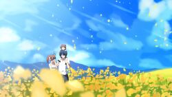 1boy 2girls absurdres antenna_hair black_pants blue_dress blue_eyes blue_hair blue_sky brown_hair bug butterfly carrying child clannad closed_eyes cloud commentary_request dress family father_and_daughter field flower flower_field furukawa_nagisa hair_over_eyes hand_on_own_chin hat highres husband_and_wife insect leg_grab mother_and_daughter mountainous_horizon multiple_girls okazaki_tomoya okazaki_ushio open_mouth pants petals reaching scarletowen shirt shoes shoulder_carry sky smile socks sunlight white_dress white_hat white_shirt white_socks