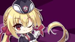 1girl ;) aoniku_yaris arihara_nanami black_dress black_hat blonde_hair blush bow braid card chibi chibi_only closed_mouth commentary dress eyes_visible_through_hair floating_hair garrison_cap gloves hair_between_eyes hair_bow hair_ribbon hand_up hat holding holding_card long_hair long_sleeves looking_at_viewer low_twintails necktie one_eye_closed outline purple_background red_bow red_eyes red_necktie red_ribbon ribbon riddle_joker side_braid simple_background smile solo split_mouth twintails upper_body very_long_hair w white_gloves white_outline