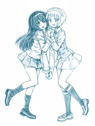 2girls bartender bbb_(friskuser) blouse blue_theme blunt_bangs bob_cut bow bowtie commentary cutlass_(girls_und_panzer) dress_shirt female_focus from_side full_body girls_und_panzer hairband half-closed_eyes handkerchief highres holding_hands interlocked_fingers kneehighs leg_up loafers long_hair long_sleeves looking_at_viewer maid_headdress miniskirt monochrome multiple_girls neckerchief ooarai_naval_school_uniform ooarai_school_uniform open_mouth pleated_skirt reizei_mako school_uniform serafuku shirt shoes short_hair simple_background single_horizontal_stripe skirt smile socks standing standing_on_one_leg symmetrical_hand_pose vest white_background wing_collar