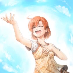 1girl absurdres ahoge arm_up blue_sky closed_eyes commentary day dress english_commentary fingernails hair_bobbles hair_ornament highres hold111 idolmaster idolmaster_million_live! music open_mouth orange_hair outdoors short_hair short_sleeves singing sky smile solo teeth upper_teeth_only yabuki_kana yellow_dress