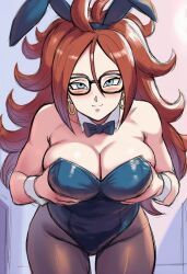 Rule 34 | 1girl, android 21, animal costume, animal ears, blue eyes, blush, bow, bowtie, breasts, brown hair, detached collar, dragon ball, dragon ball fighterz, earrings, fake animal ears, glasses, grabbing own breast, hair ornament, highleg, highleg leotard, jei games, jewelry, large breasts, leaning forward, leotard, long hair, looking at viewer, mature female, pantyhose, playboy bunny, rabbit costume, rabbit ears, rabbit hair ornament, smile, solo, wrist cuffs