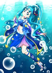 Rule 34 | 1girl, black hat, blue bow, blue eyes, blue gemstone, blue hair, blue skirt, blue theme, bow, braid, bridal gauntlets, bubble, choker, color connection, cosplay, crown braid, cure magical, cure magical (cosplay), cure magical (sapphire style), cure marine, female focus, full body, gem, hat, heartcatch precure!, high ponytail, humiu, kurumi erika, long hair, looking at viewer, mahou girls precure!, matching hair/eyes, midriff, mini hat, mini witch hat, navel, ponytail, precure, sandals, sapphire style, sash, sidelocks, skirt, smile, solo, underwater, wide ponytail, witch hat