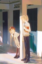 1boy 1girl black_necktie black_pants black_shoes blue_necktie book brown_hair brown_pantyhose closed_eyes collared_shirt degrees_of_lewdity glasses gradient_hair grey_sweater_vest hair_ornament highres holding holding_book leaning_forward long_hair long_sleeves low_twintails multicolored_hair necktie open_mouth pants pantyhose player_character_(degrees_of_lewdity) player_character_(female)_(degrees_of_lewdity) ponytail shirt shoes standing star_(symbol) star_hair_ornament sweater_vest sydney_(degrees_of_lewdity) sydney_(male)_(degrees_of_lewdity) twintails white_shirt you_niao
