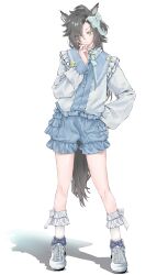 ahoge air_shakur_(umamusume) animal_ears black_hair blue_sailor_collar blue_shoes blue_sweater bow bow_legwear bowtie buttoned_cuffs buttons commentary_request ear_chain ear_ornament eyebrow_piercing face_piercing frilled_shirt_collar frilled_shorts frilled_sleeves frilled_socks frills full_body furawi hair_bow hand_on_own_chin hand_on_own_hip head_tilt highres horse_ears horse_girl horse_tail knees linked_piercing long_hair looking_at_viewer patch piercing puffy_sleeves sailor_collar shadow shaved_eyebrow shoes shorts simple_background sleeve_cuffs socks spiked_hair standing star_(symbol) sweater tail thinking umamusume white_background white_sneakers white_socks